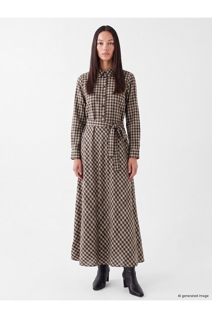 Gencc Quality with Lcw Everyday Green Gabardine Plaid Standard & Regular Shirt Collar Long Shirt Dress