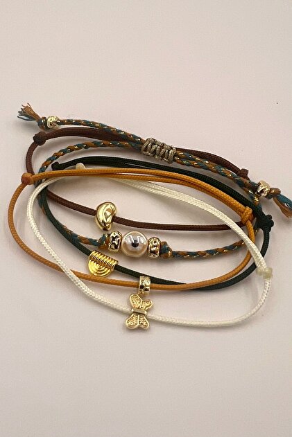 Green Cream Beige Rope Bracelet Set with Ceramic Evil Eye Beads & Gold Object, 5 Pieces