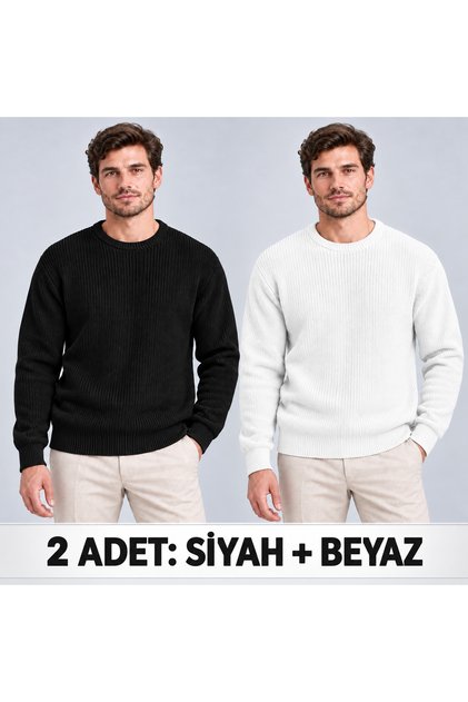 White and Black [2 Pieces] Comfortable Fit Ribbed Crew Neck Men's Knitwear Sweater