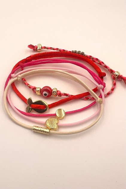 Ceramic Evil Eye Beaded & Gold Object Rope Bracelet Set 5 Pieces