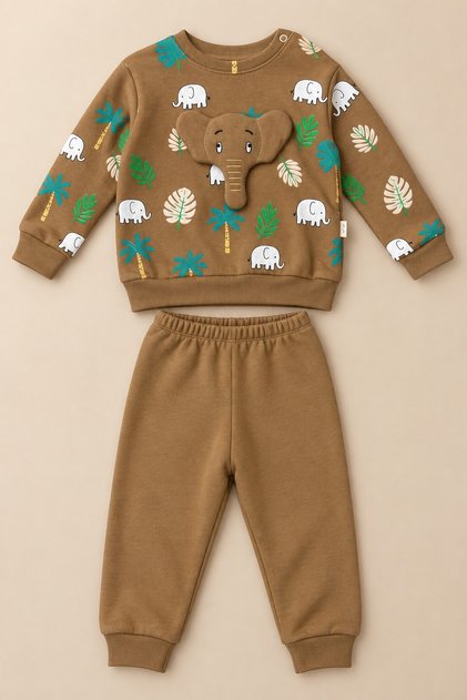 Baby Boy Set with Elephant Appliqué and Forest Pattern, 2-Piece Top and Bottom Set, Seasonal