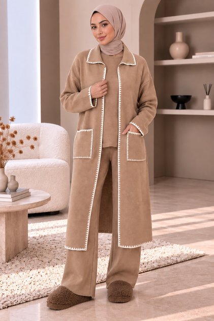 Long Cardigan Soft Textured 3-Piece Hijab Knitwear Set
