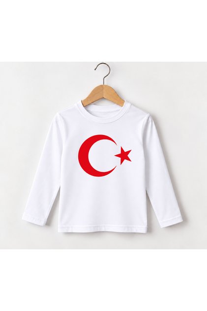 29 October Republic Day Children's White Long Sleeve T-Shirt White Moon Star Printed Girls Boys