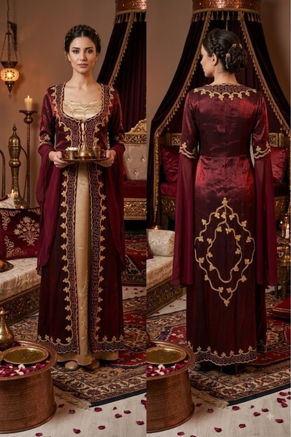 KAFTAN SATEN KAFTAN BORDO GOLD NAKIŞ İŞLEMELİ 36-38 TAKIM KAFTAN