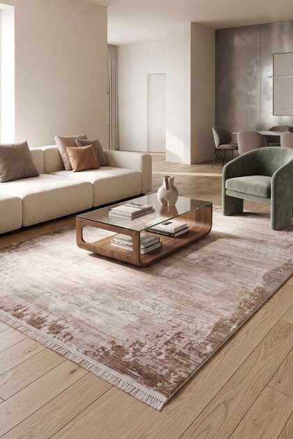 Krem-Kahve Mirage Geçişli Soyut Desenli Akrilik Halı