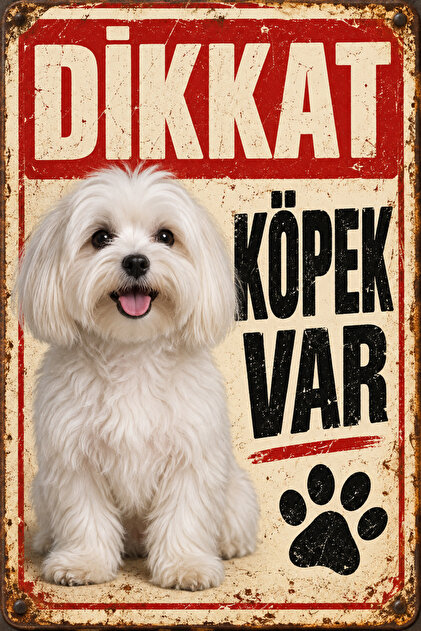 Malta Terrier Dikkat Köpek Var Metal Tabela | Maltese Retro Dekoratif Uyarı Levhası 15x20 cm