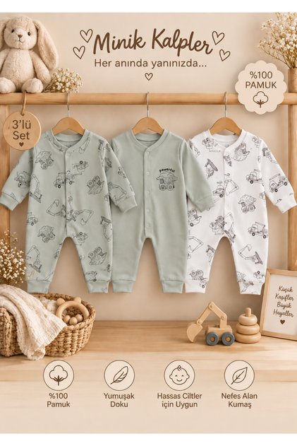Organic 100% Cotton Newborn Baby Long Sleeve Set of 3 Rompers