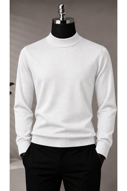 Men's Slim Fit Soft Textured Non-Pilling White Half Turtleneck Knitwear Sweater