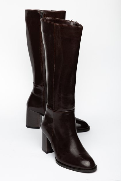 Women's Coffee-Colored High-Heeled Leather-Look Long Boots