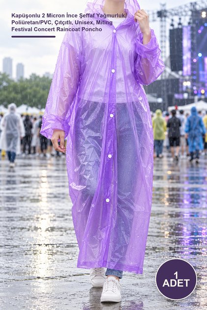 1 Piece Nylon Pocket Raincoat – Hooded 2 Micron Thin Transparent Raincoat, Polyurethane/Pvc, with Snap Fasteners, Unisex, Miting Festival Concert Raincoat Poncho
