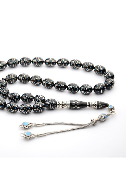 Tower Model Blue Enamel and Silver Embroidered Fishing Rod Rosary
