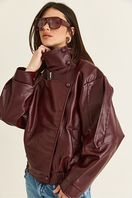 Kadın Bordo Viral Oversize Yüksek Yaka Apolet Detaylı Suni Deri Ceket 8058 60286526