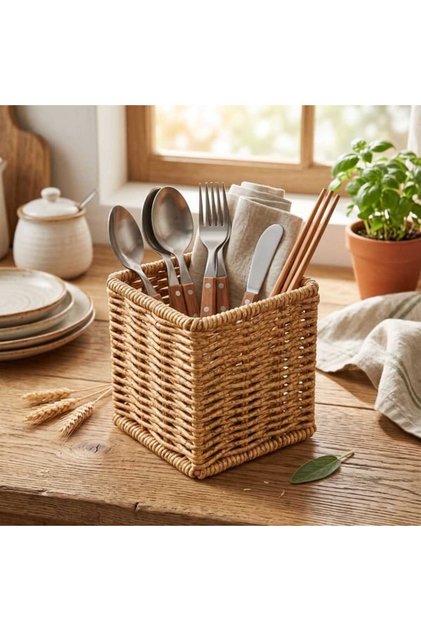 Rattan Kaşıklık - Kahverengi - 10x10x12 cm