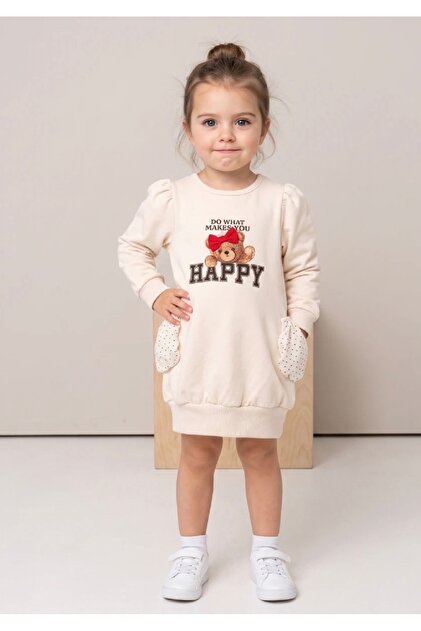 Girl's Teddy Bear Detailed Pocket Sweat Dress