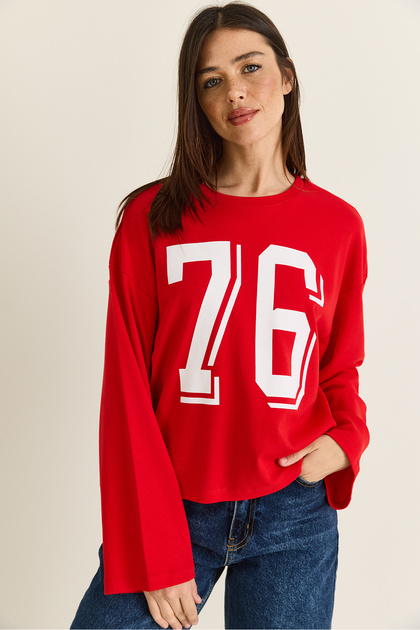 Women's Red Print Detailed Long Sleeve Oversize Modal Blouse 12511 60286532