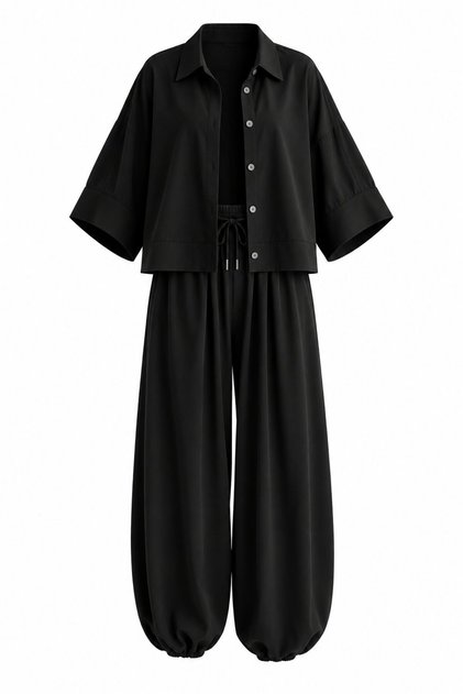 Black Snap Detailed Elastic Cuffed Poncho Set - 4181