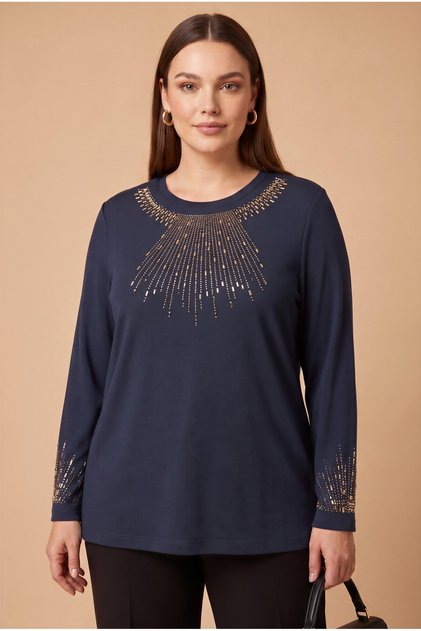 Stone Embellished Plus Size Knitted Knitwear Navy Blue