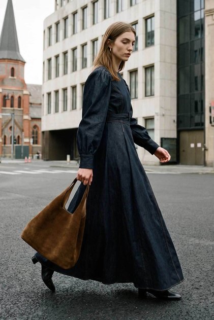 Vera Bağlama İp Detaylı Denim Lacivert Elbise