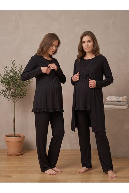 Women's Black Modal Maternity 3-Piece Pajama Set and Robe Set with Hidden Breastfeeding Compartment and Adjustable Waist