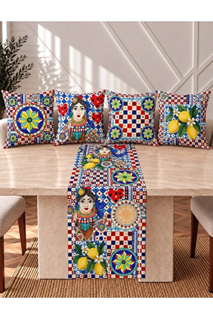 Suede Fabric, Double-Sided Printed 5-Piece Combination Throw Pillow Cover and Runner Set