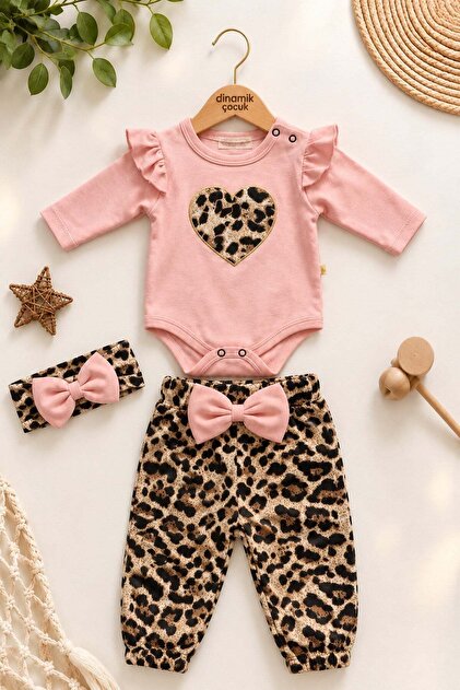 Girl baby set leopard patterned 3-piece girl baby set body-bottom and bandana set 0-12 months old