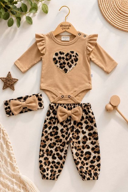 Girl baby set leopard patterned 3-piece girl baby set body-bottom and bandana set 0-12 months old