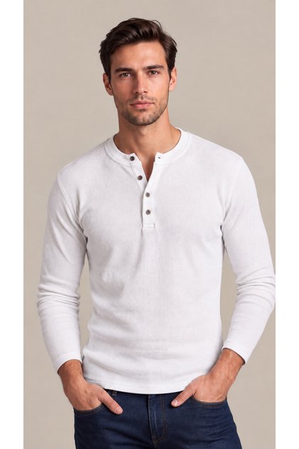 Men's Long Sleeve Ribbed Buttoned Collar Slim Fit T-Shirt