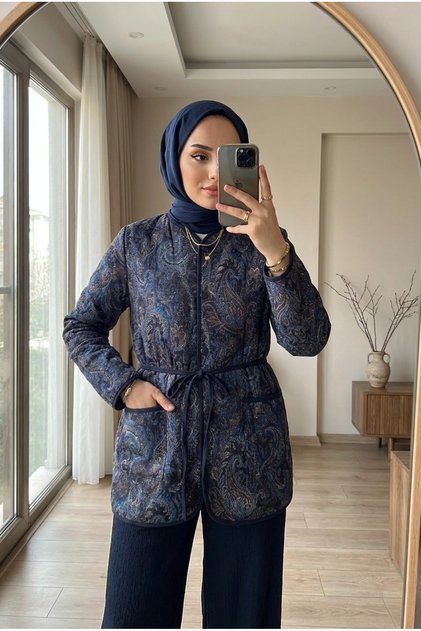Women's Hijab Shawl Patterned Lace-Up Pocketed Long Jacket Cardigan
