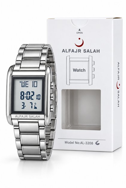 ALFAJR SALAH AL-3208 Digital Wrist Watch for Men – Silver-Tone Metal Bracelet, Rectangular LCD Display, Day & Date Display, 3 Side Control Buttons