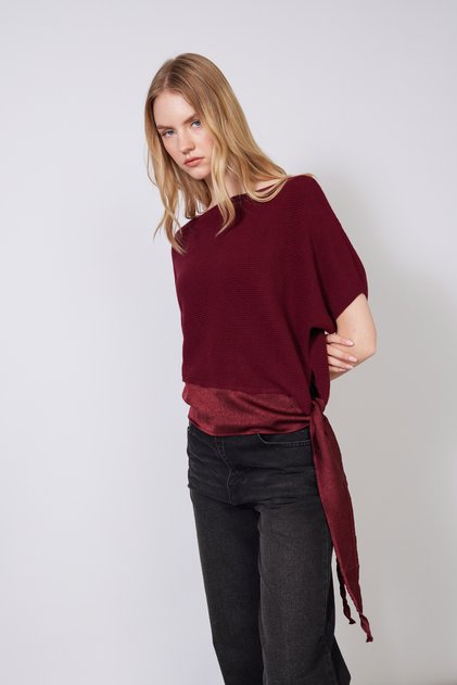 Asymmetric Garnish Detail Tie-Up Knitwear Sweater Burgundy
