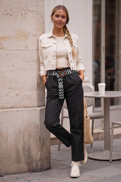 Black Pocketed Belted Elastic Waist Straight Leg Casual Lycra Woven Trousers 100 60