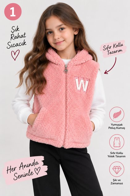 Girl's Pink Plush Hooded Zero Sleeve Vest with Zipper