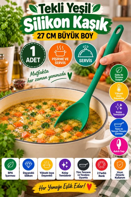Single Green Large Size Silicone Spoon 27 cm Kitchen Cooking and Serving Spoon Colorful Kitchen Utensil