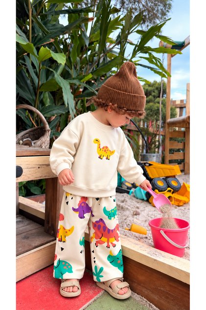 Boy's Dinosaur Printed Sweatshirt Dinosaur Printed Tracksuit 3-Thread Fabric Non-Padded Top and Bottom Set