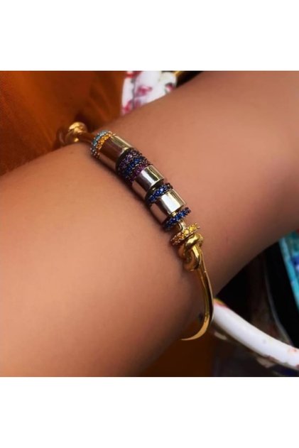 Gold Color Stone Cuff Bracelet - Colorful Zircon Stone Knot Detailed Cuff Bracelet – Gold Color Non-Tarnish Steel Luxury Adjustable Women's Jewelry