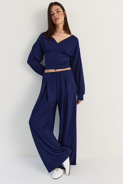 Women's Navy Blue V-Neck Waist Corset Crop Blouse Waist Pleated Palazzo Trousers Modal Set 0480 60286539