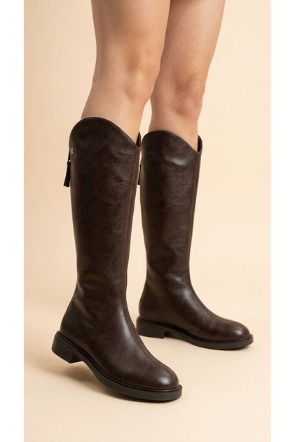 Women's Leather Look Short Heeled Below the Knee Boots with Back Zipper