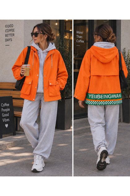 Kadın turuncu kapüşonlu gabardin ceket