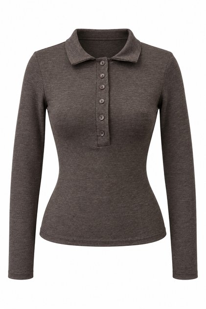 2246 Women's Polo Collar Buttoned Long Sleeve Slim Fit Blouse Brown