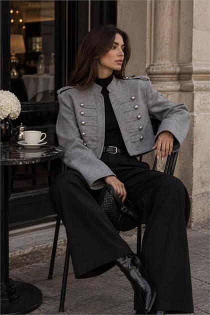 Women's Gray Zr Model Silver Buttoned Cashmere Fabric Jacket Nbemp3125