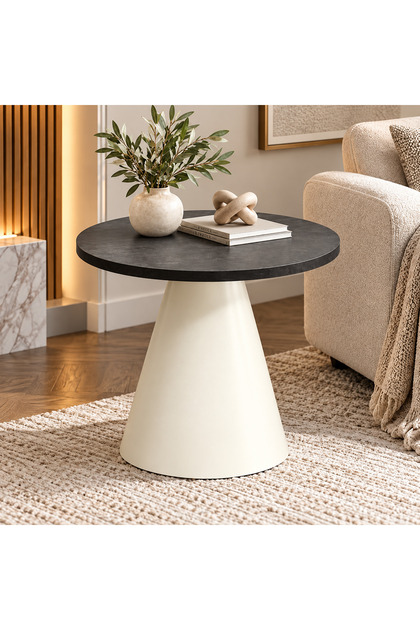 Modern Round Side Table with Sleek Conical Design – Medium Density Fiberboard (Mdf) Wood Top with Sturdy Iron Base – Versatile Coffee and Decorative Table for Living Room, Sofa, and Bedroom – 50 X 45 X 33 cm