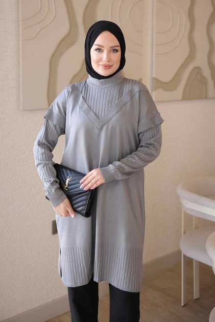 Gray Mercerized Knitwear Tunic with Sleeve Collar Detail