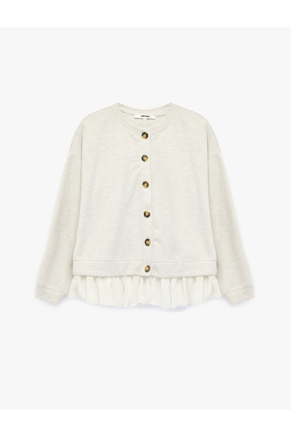 Slim Fit Crew Neck Long Sleeve Buttoned Ruffle Sweatshirt Cardigan
