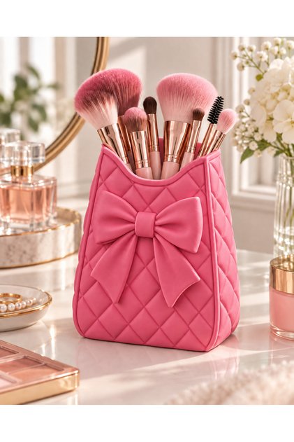 Decorative Makeup Brush Holder Organizer Pen Holder with Bow Detail 14 cm