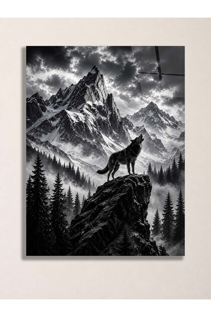 Kurt ve Dağ Manzaralı Metal Tablo - Siyah Beyaz Vahşi Doğa Duvar Dekoru, Metal Poster Wall Art