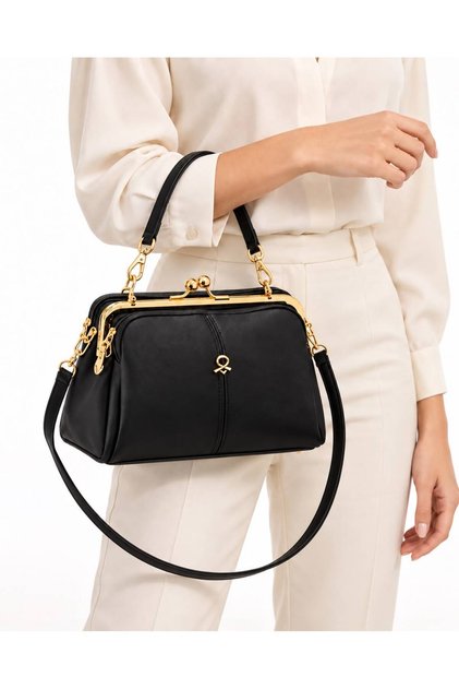 Women's Black Metal Clip Three-Compartment Long Strap Hand and Shoulder Bag