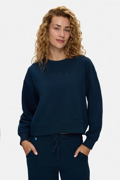 Clarice Navy Blue Crew Neck Cotton Glitter Stone Printed Loose Fit Women's Sweatshirt