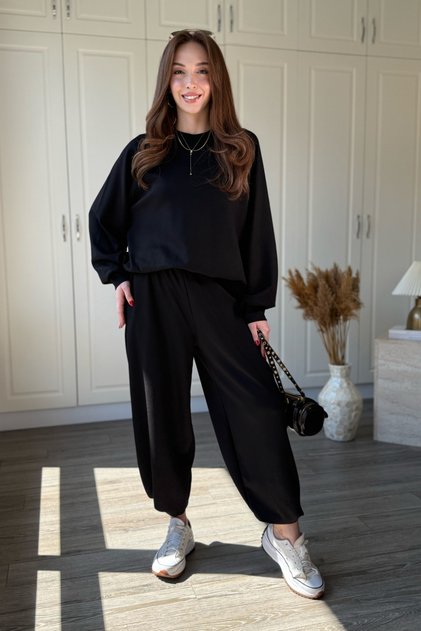 Modal Fabric Black Tracksuit Set with Elastic Cuffs