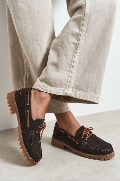 Janga Bitter Brown Genuine Suede Leather Lace Detail Marine Thick Sole Women's Loafer