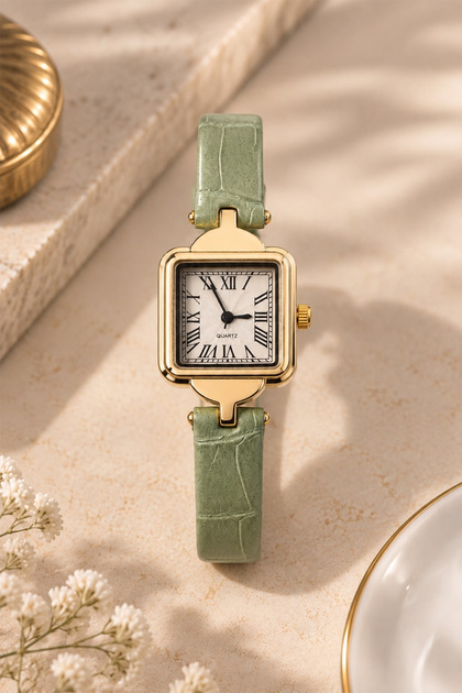 Osso Women's Wristwatch - Mint Green Croco Pattern Leather Band, Gold Square Case, White Dial with Roman Numerals Minimal Vintage Women's Watch